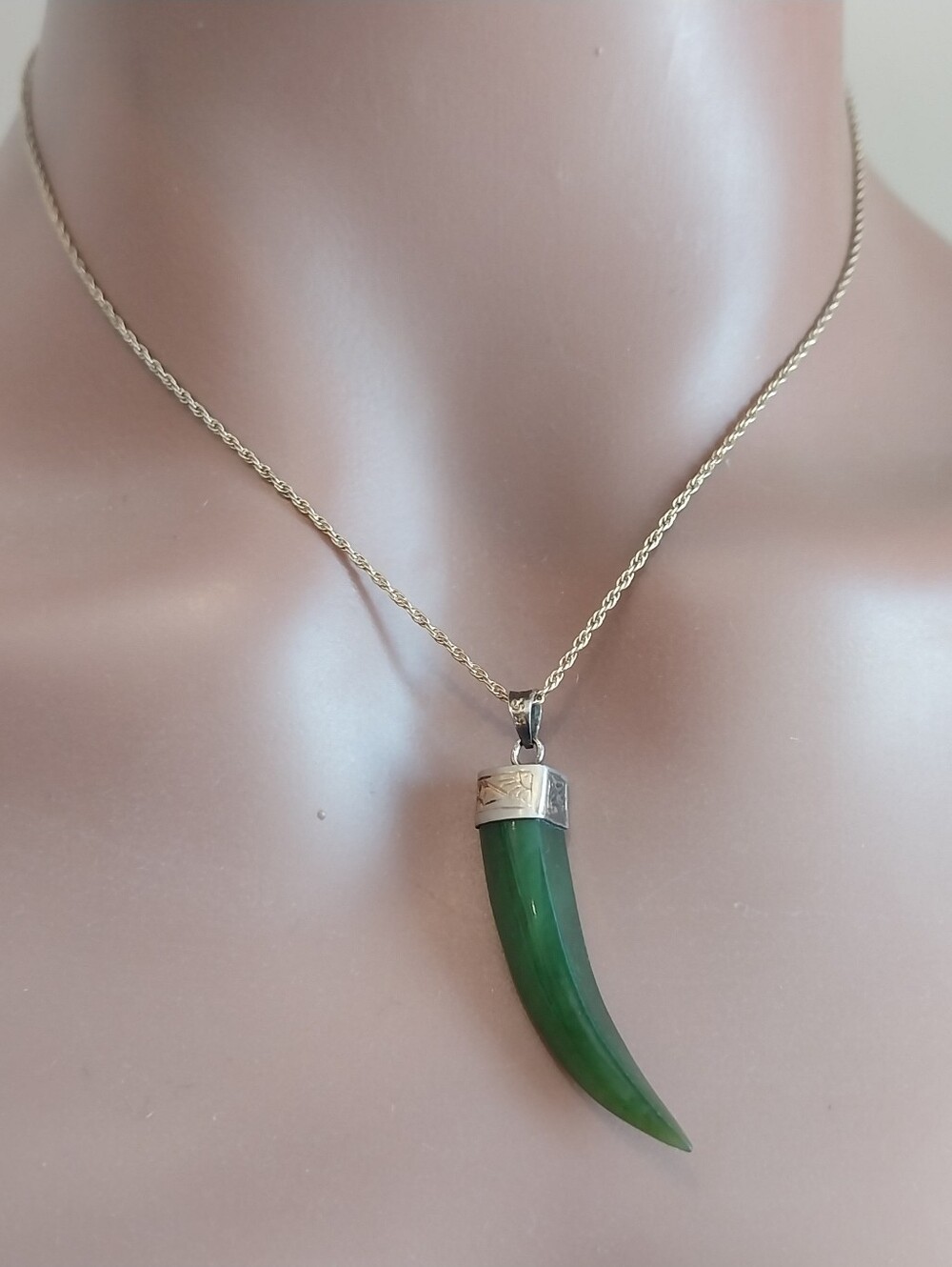 Green Jade Horn Sterling Silver Pendant Necklace with Sterling Silver Cap
